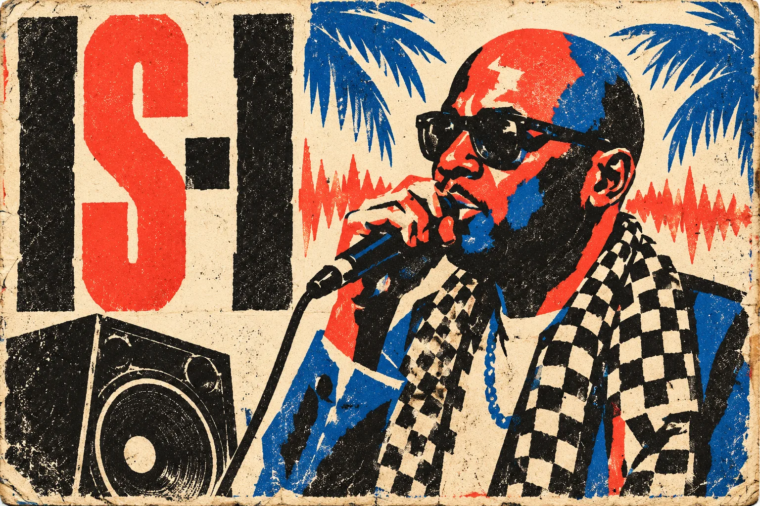 Screenprint-style party poster of IS-I with a microphone, bold lettering, palms and a speaker in coral, cobalt and cream